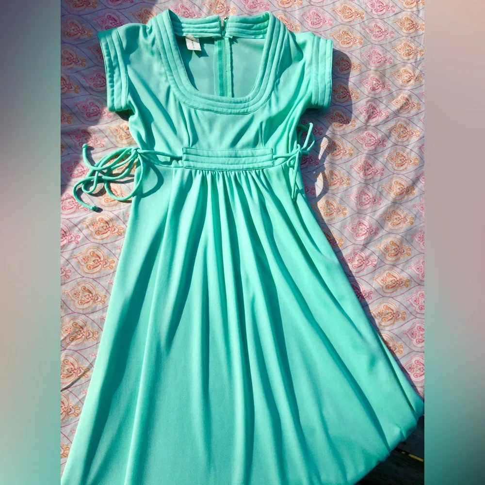True 1970s Vintage Bridgerton Regency Cottagecore Mint Green Maxi Dress - Picture 9 of 12